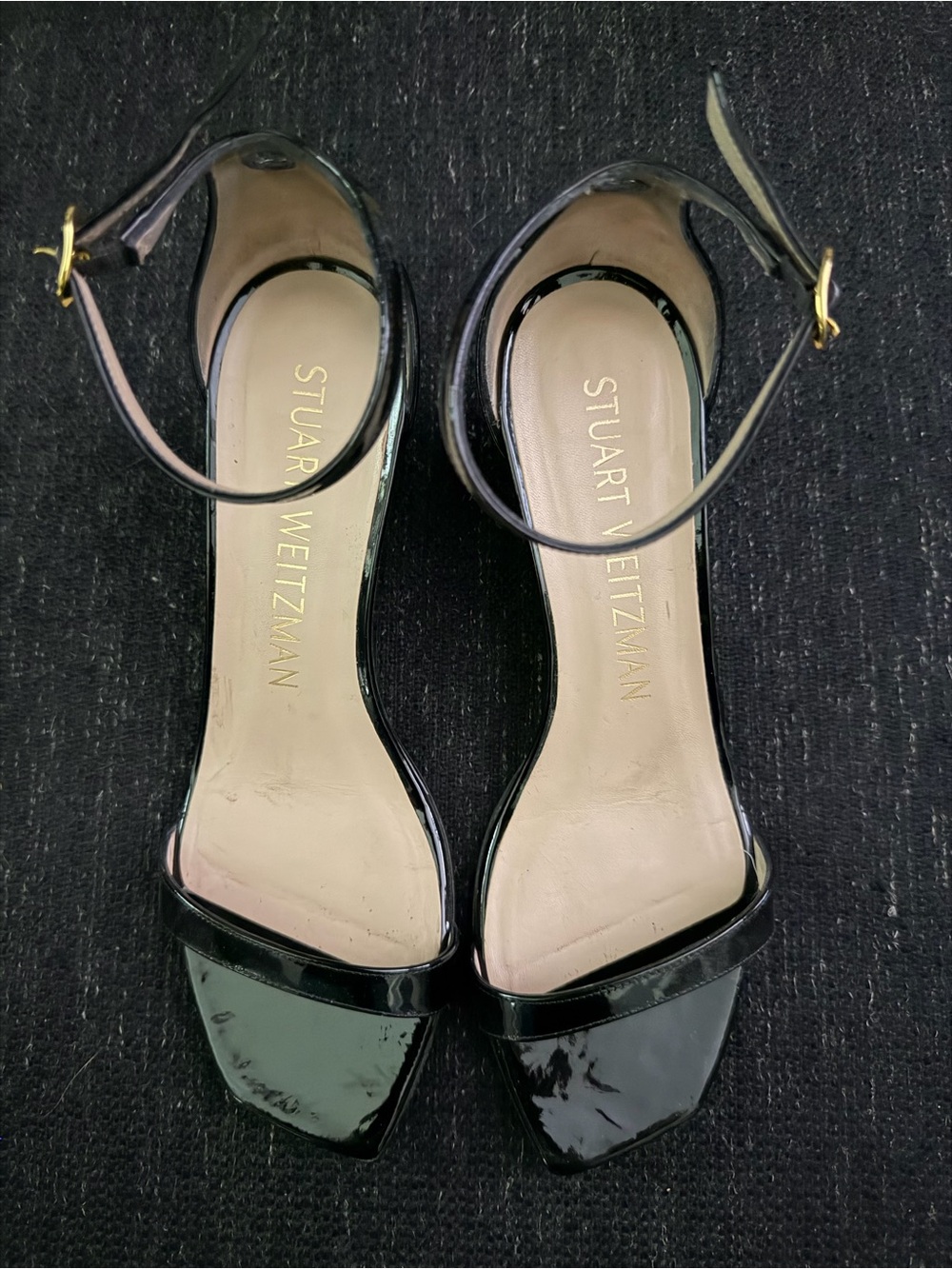 Stuart Weitzman Black Patent Open-Toe Ankle-Strap Heels, Size 9